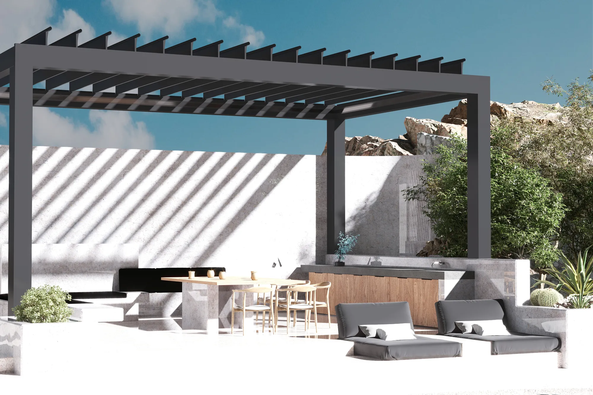 Pergolas bioclimatiques, structures modernes équipées de lames orientables pour contrôler la lumière, la ventilation et protéger efficacement des intempéries.